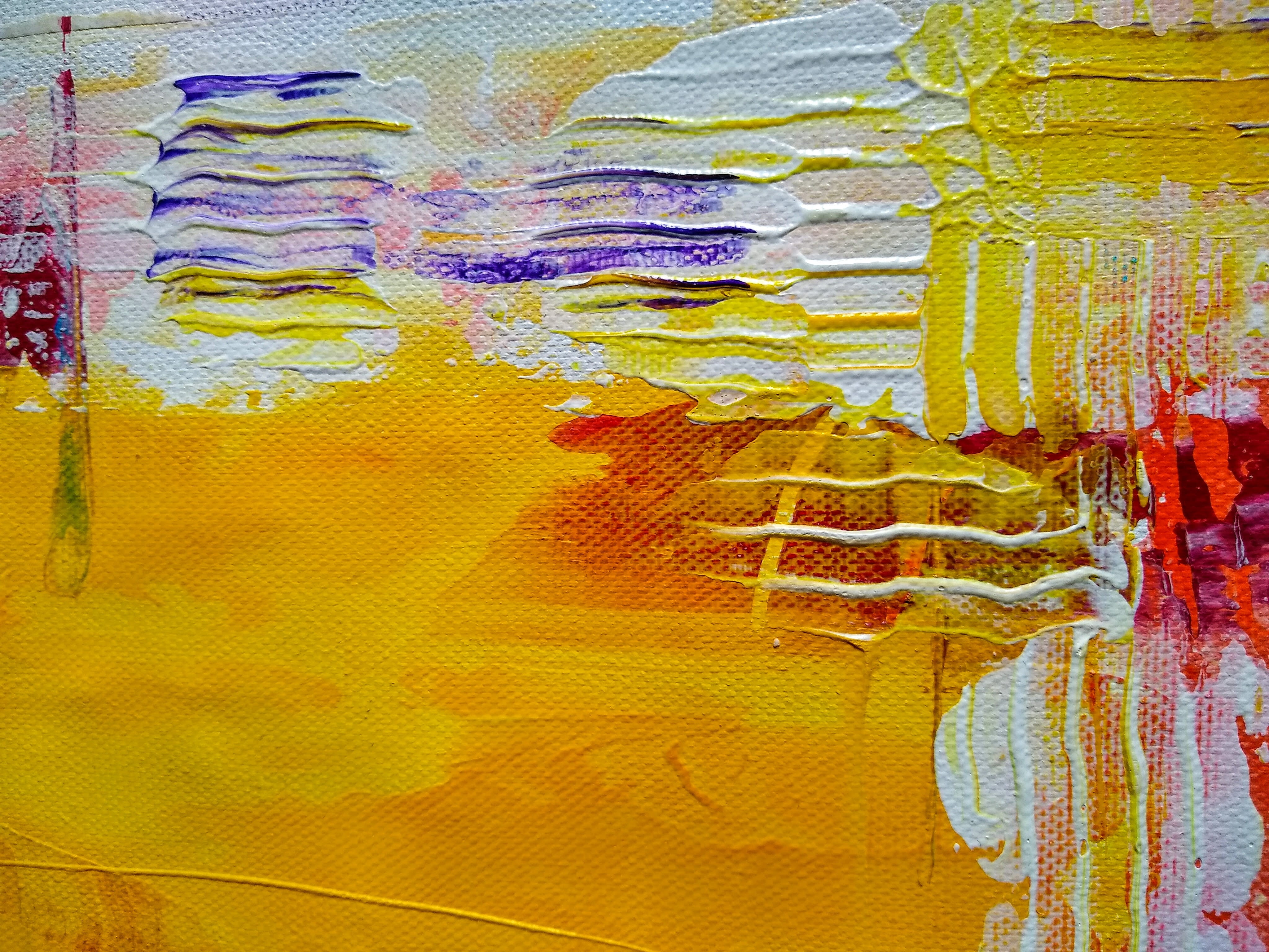 A painting. It is textured, yellow, red, white and purple.