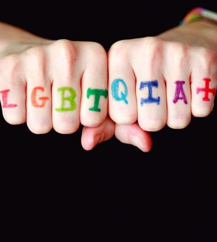 Knuckles put together that read 'LGBTQIA+'