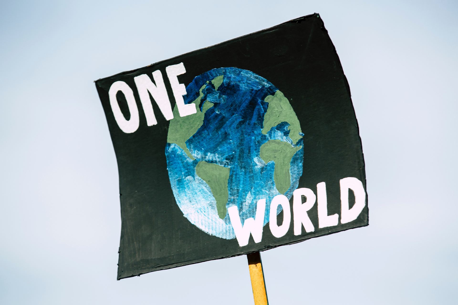 A protest sign of a painted earth with the words 'One World'.