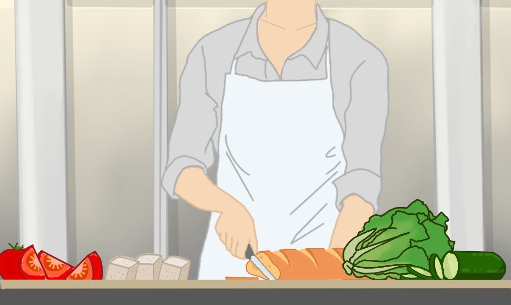 an animated image of someone cutting bread with different vegetables around
