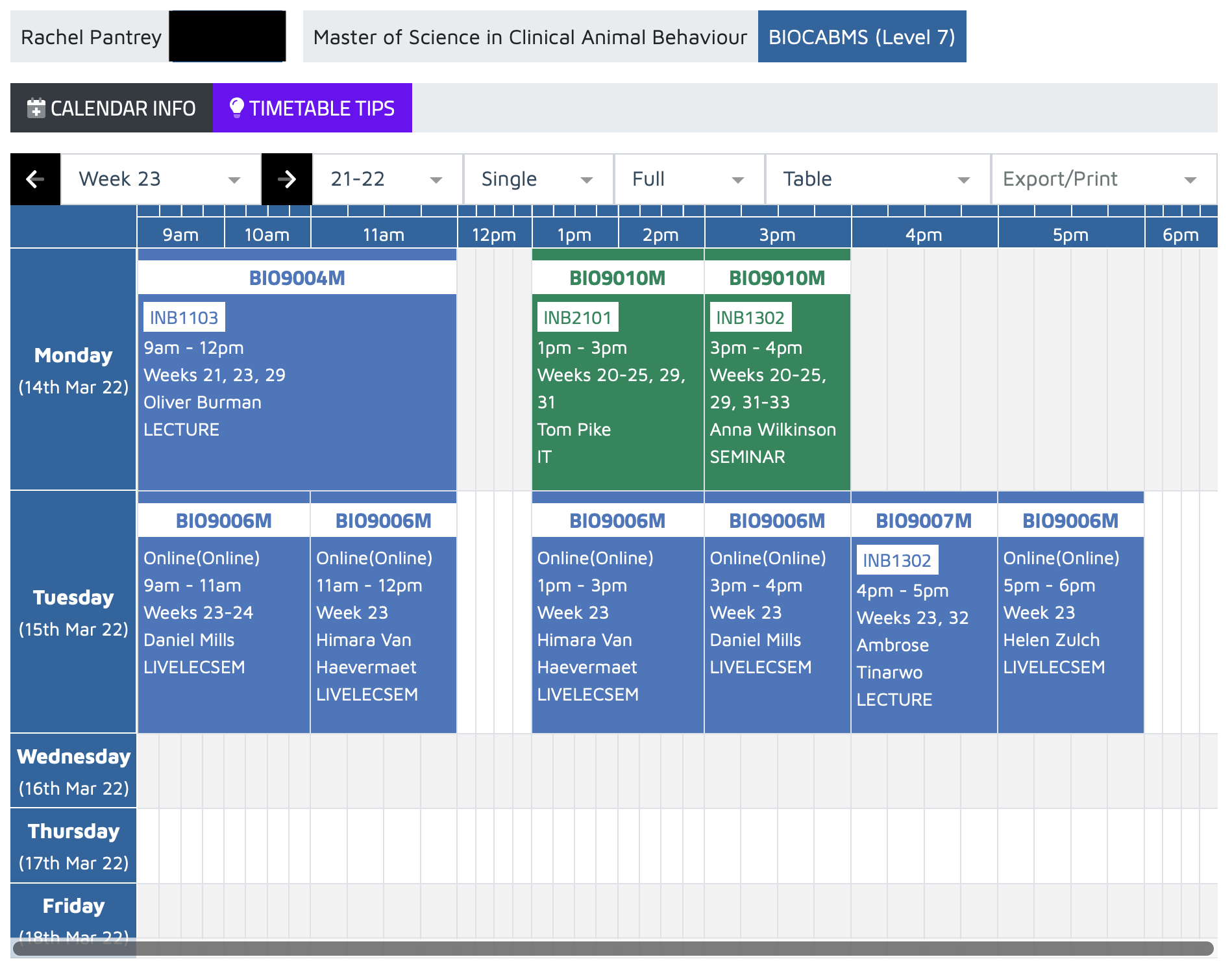 An example of a student timetable