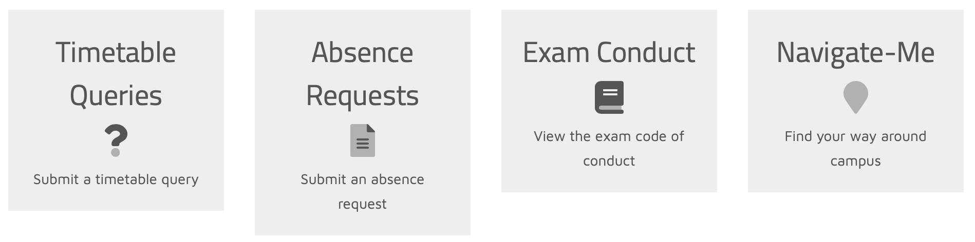 The options on the timetable website, including timetable queries, absence requests, exam conduct, and navigate-me