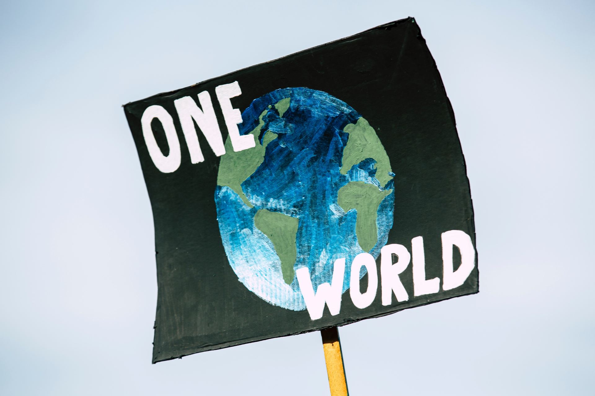 'One World' written on a sign during a protest with the Earth in the background.