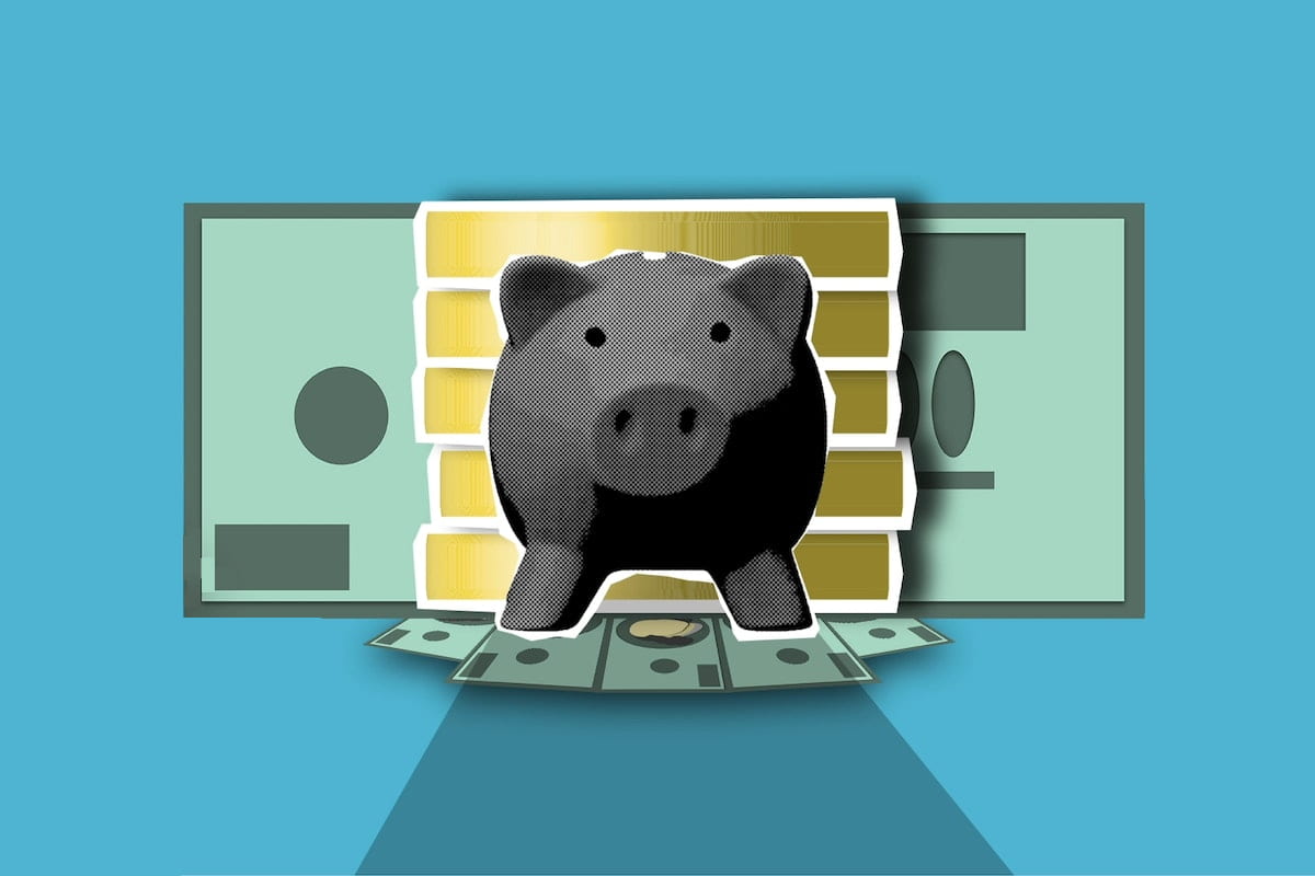 Illustration of a piggy bank with coins and cash behind it on a blue background. Collage style.