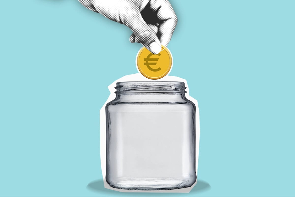 Illustration of hand putting coin into a jar on a light blue background. Collage style. 