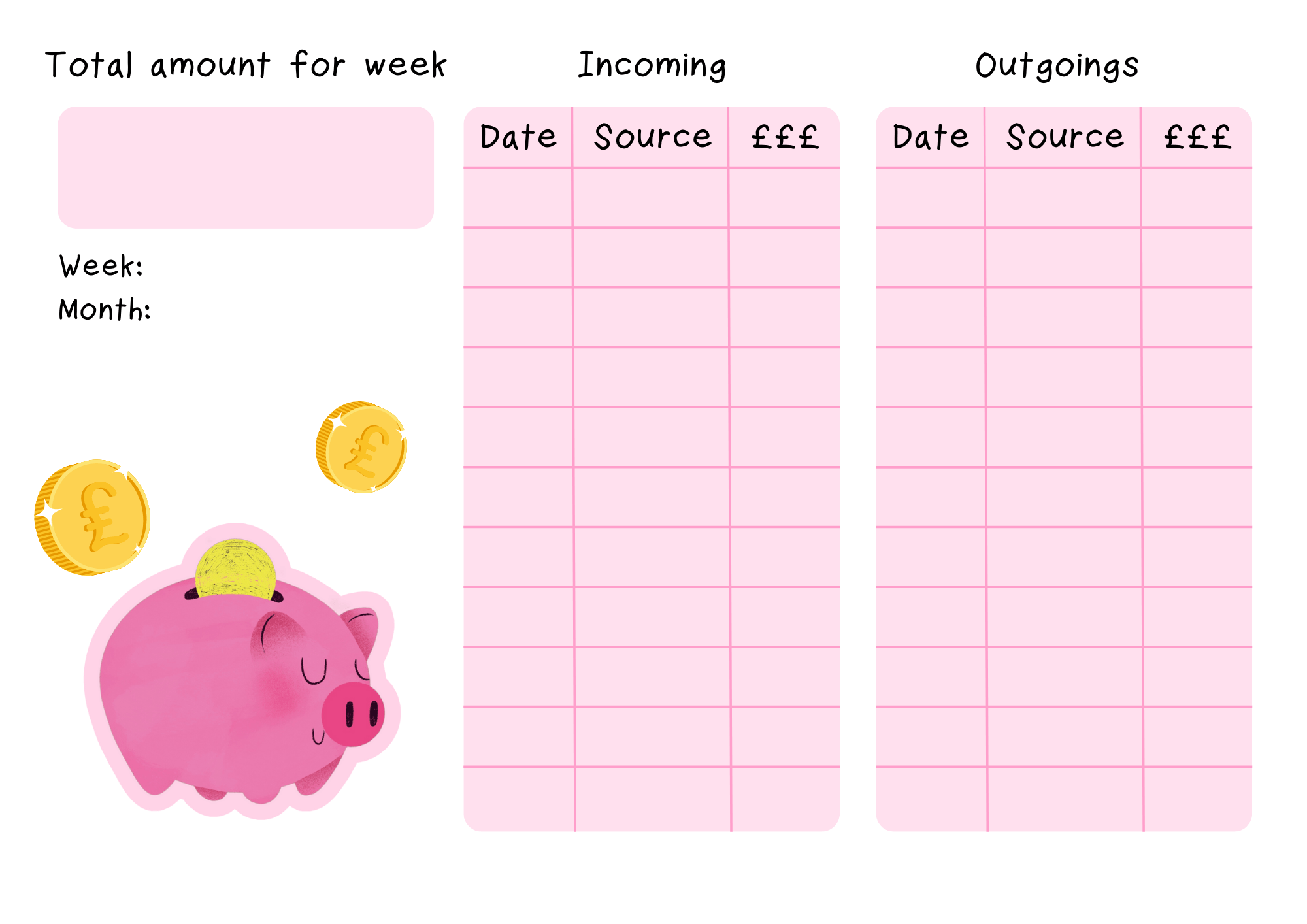 Pink weekly budgeting sheets for students at the University of Lincoln