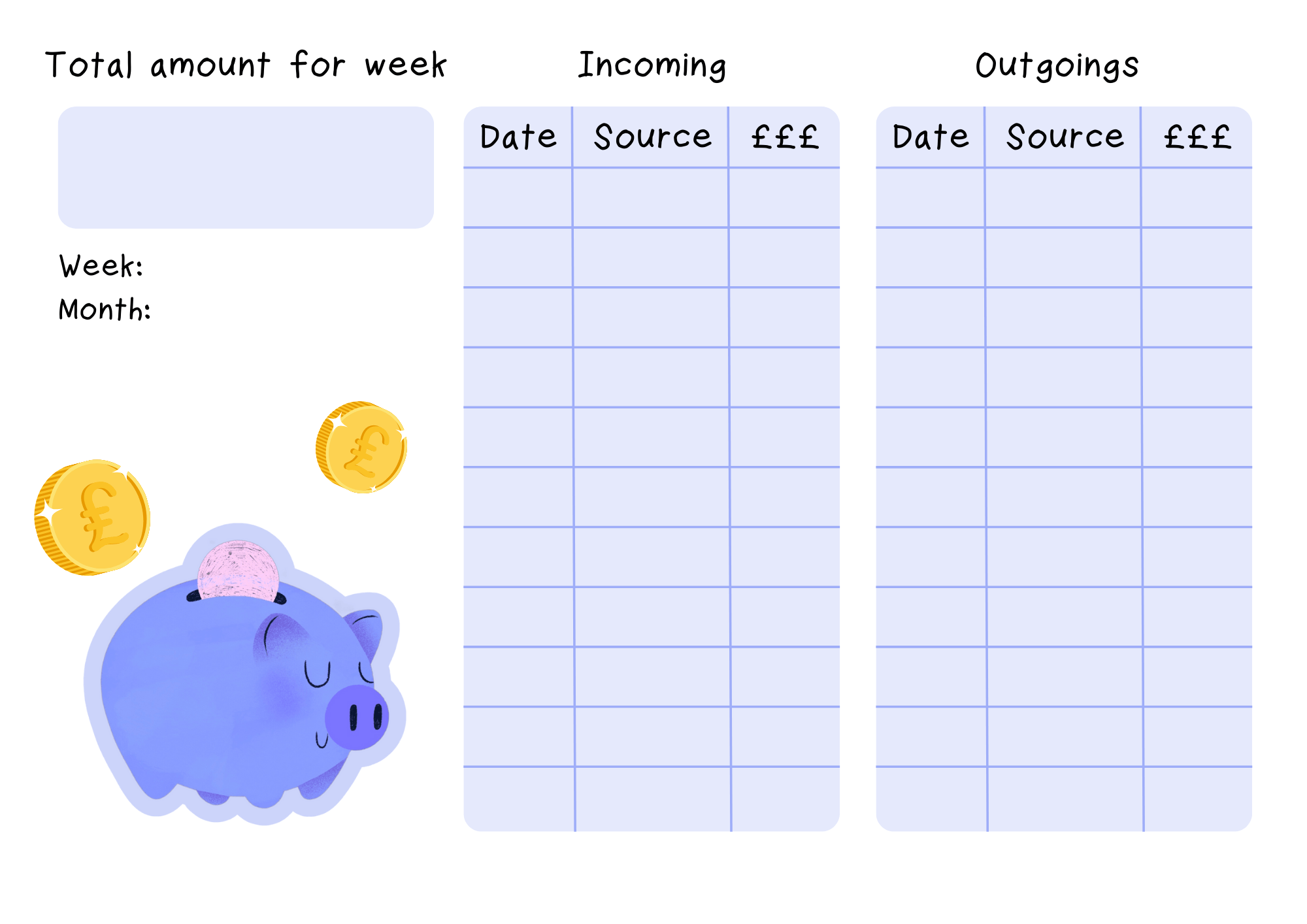 blue weekly budgeting sheets for students at the University of Lincoln