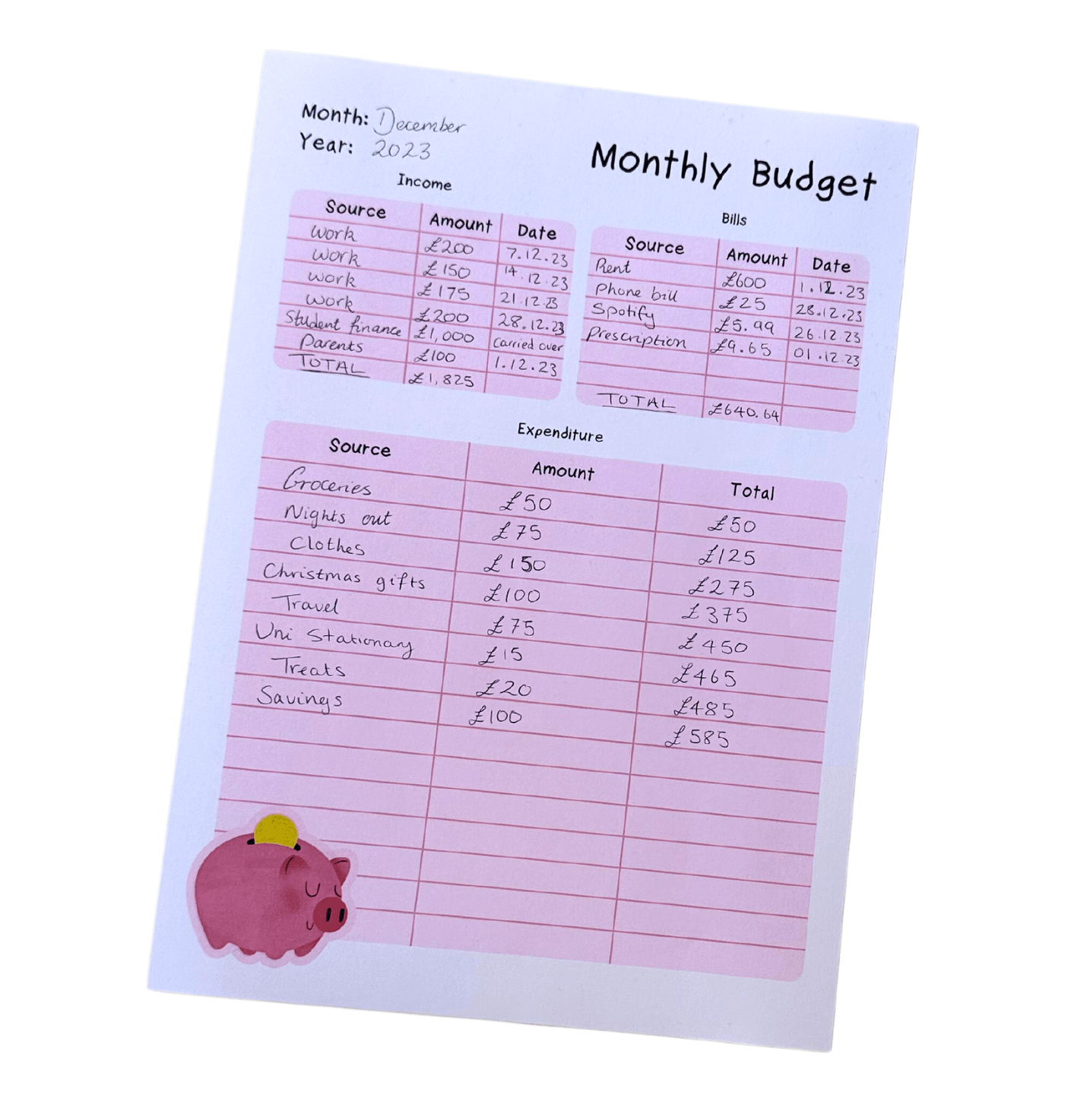 Pink monthly budgeting sheets for students at the University of Lincoln example